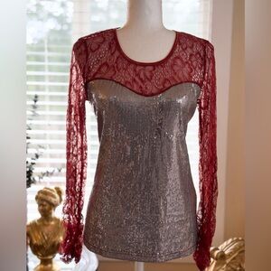 Elegant Red Lace and Silver Sequin Blouse
